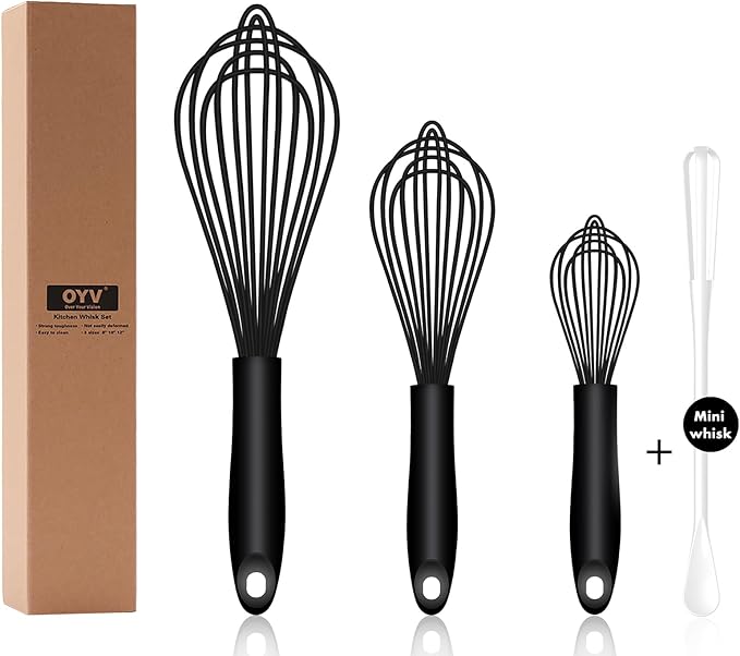 OYV Dishwasher Safe Silicone Whisk, Sealed Waterproof Design Set of 3, Professional Kitchen Whisks for Cooking Non-Scratch, Silicone & Stainless Steel Whisk, Heat Resistant Balloon Egg Beater, Black