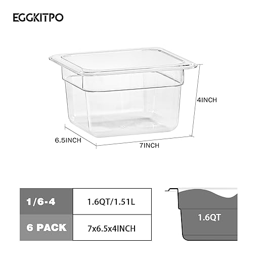 EGGKITPO 1/6 Size Food Pan 6 Packs 4 Inch Deep Clear Food Storage Containers BPA-free Polycarbonate Commercial Hotel Pan for Kitchen Business Use and Food Prep Freezer-safe