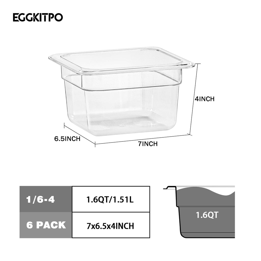 EGGKITPO 1/6 Size Food Pan 6 Packs 4 Inch Deep Clear Food Storage Containers BPA-free Polycarbonate Commercial Hotel Pan for Kitchen Business Use and Food Prep Freezer-safe