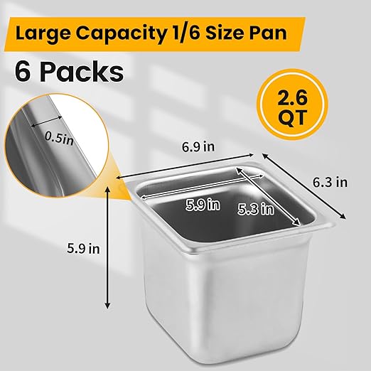Aplancee 1/6 Hotel Pans 6 Inch Deep Stainless Steel Food Pan - Anti-Jam 6 Pack Steam Table Pan Set for Catering, Buffet Use, Kitchen Prep