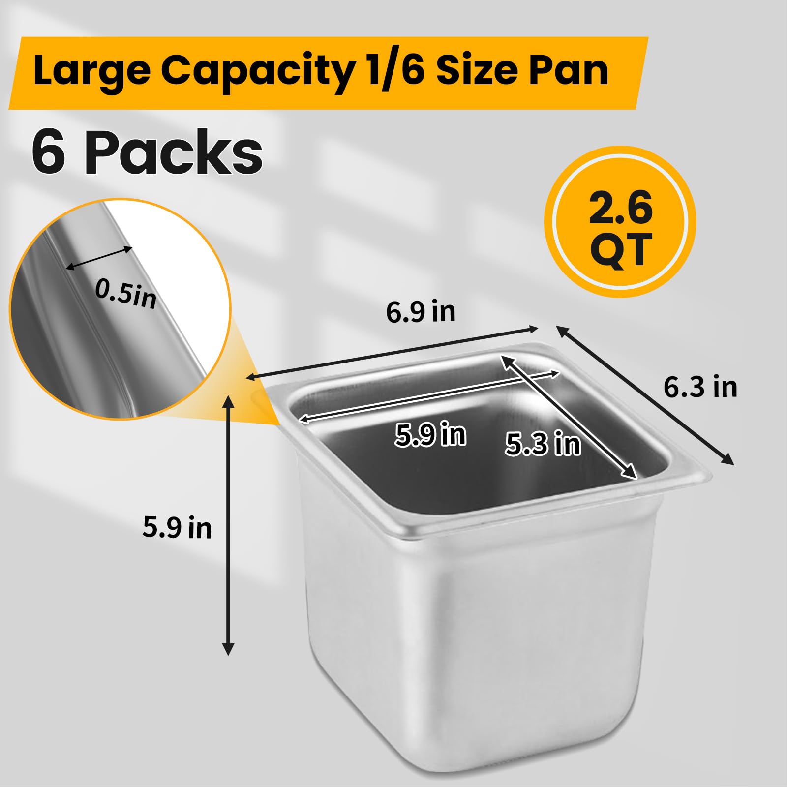 Aplancee 1/6 Hotel Pans 6 Inch Deep Stainless Steel Food Pan - Anti-Jam 6 Pack Steam Table Pan Set for Catering, Buffet Use, Kitchen Prep