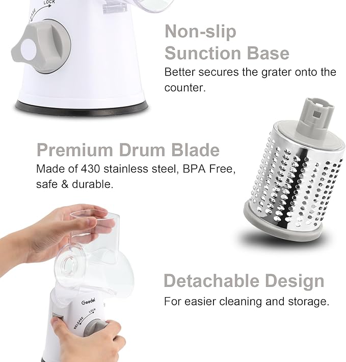 Geedel Rotary Cheese Grater Hand Crank, Cheese Shredder Vegetable Slicer