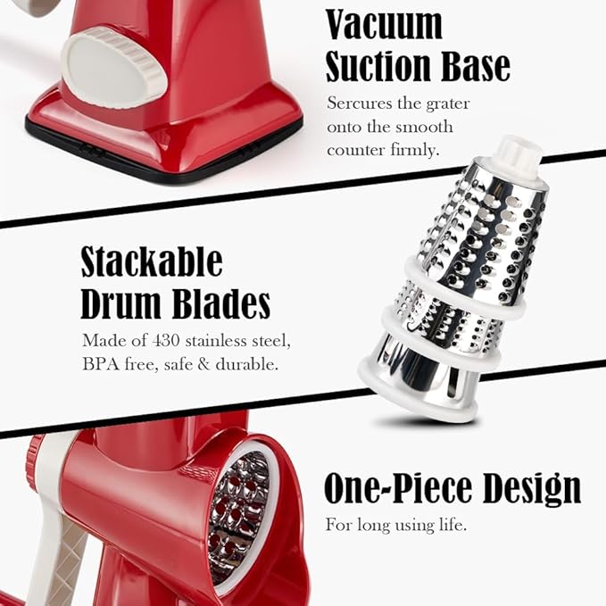 Badelite Cheese Grater Hand Crank Rotating Cheese Shredder Stainless Steel Vegetable Slicer Grater for Kitchen 3 Blades for Cheese, Carrot, Cucumber, Nuts, Chocolate, Red