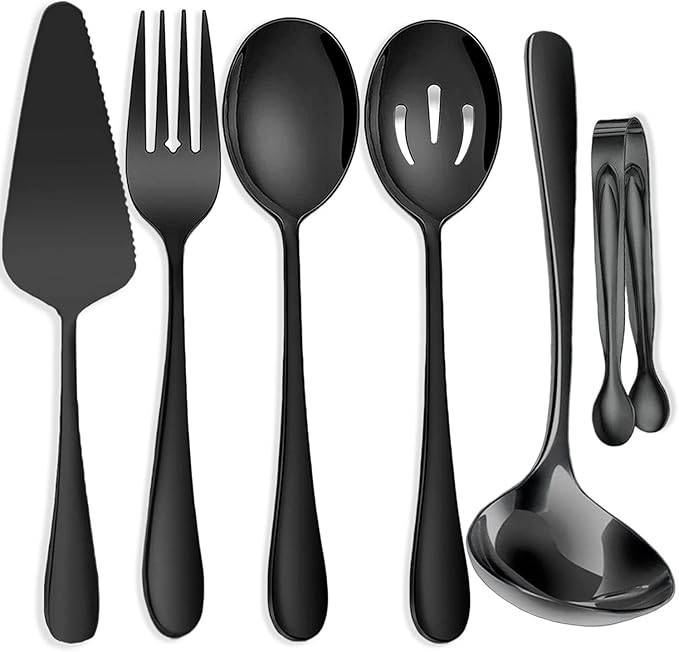IAXSEE 6 PCS Stainless Steel Serving Utensils, Large Serving Spoons Slotted Spoons, Forks, Ice Suger Tongs, Cake Server, Soup Ladle, Metal Utensils Set Great for Buffet Catering Banquet Party, Black