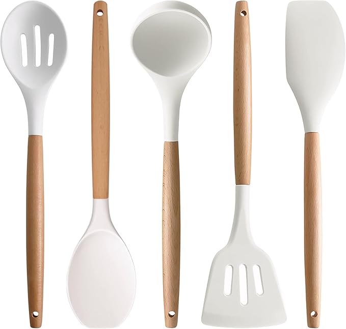 IOCBYHZ Silicone Kitchen Utensils Set of 5, Cooking Utensil Set with Heat Resistant Wooden Handle Non-Stick Silicone Spatula Spoon Turner Ladle, BPA FREE Cooking Kitchen Gadgets for Cookware & Baking