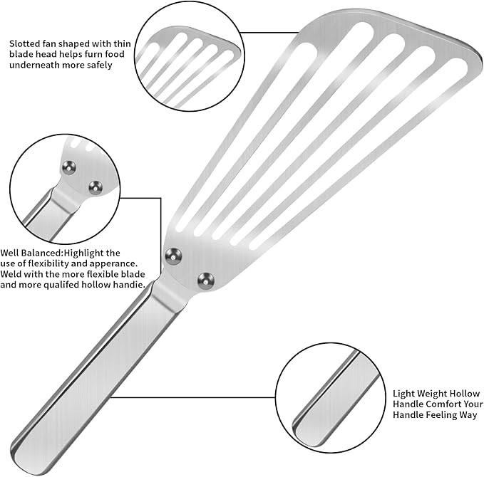STANFORD Thin Flexible Fish Spatula Stainless Steel, Sturdy Fish Spatula Egg Egg Flipper for Kitchen Cooking Use with Thin Flexible Blade and Ergonomic Hollow Handle, Dishwasher Safe -Silver