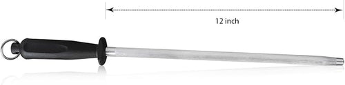 12-Inch Knife Sharpening Rod, Fine Carbon Honing Steel, Black Handle