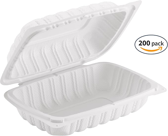 TIYA Clamshell Food Containers - White Bulk 200 Pack, 9x6 in - BPA-Free Mineral-Filled To-Go Containers - Reusable, Microwavable, Hinged, Tall Takeout Clamshells - Great for Meal Prep