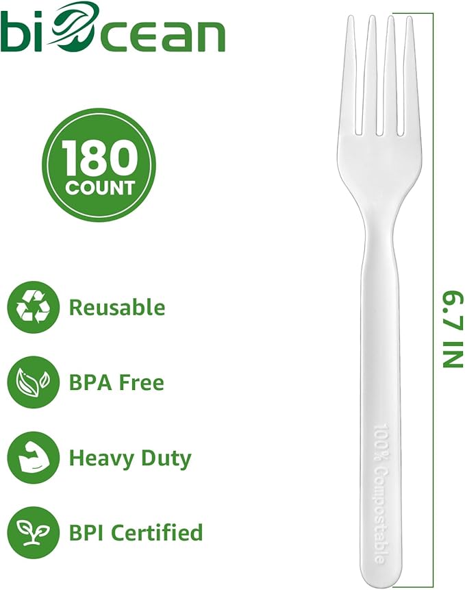 Biocean 100% Compostable Forks 180 Count Disposable Forks bulk Utensils Set Heavy Duty Fork Silverware Eco Friendly Flatware for Party Camping Picnics Wedding-Ivory White