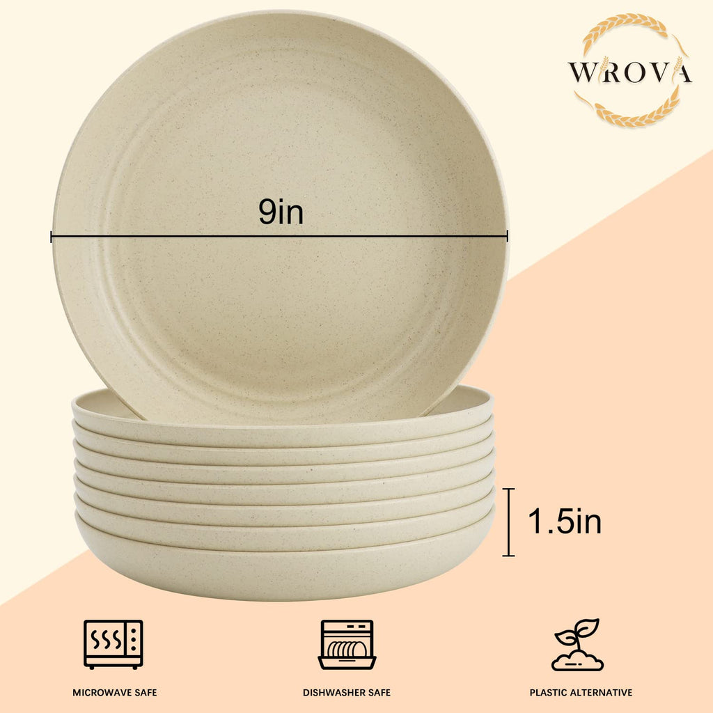 Wrova Wheat Straw Plates - 9 Inch Unbreakable Dinner Plates Set of 8 - Dishwasher & Microwave Safe Plastic Plates Reusable - Lightweight Plates for kitchen,R.V. (Beige)