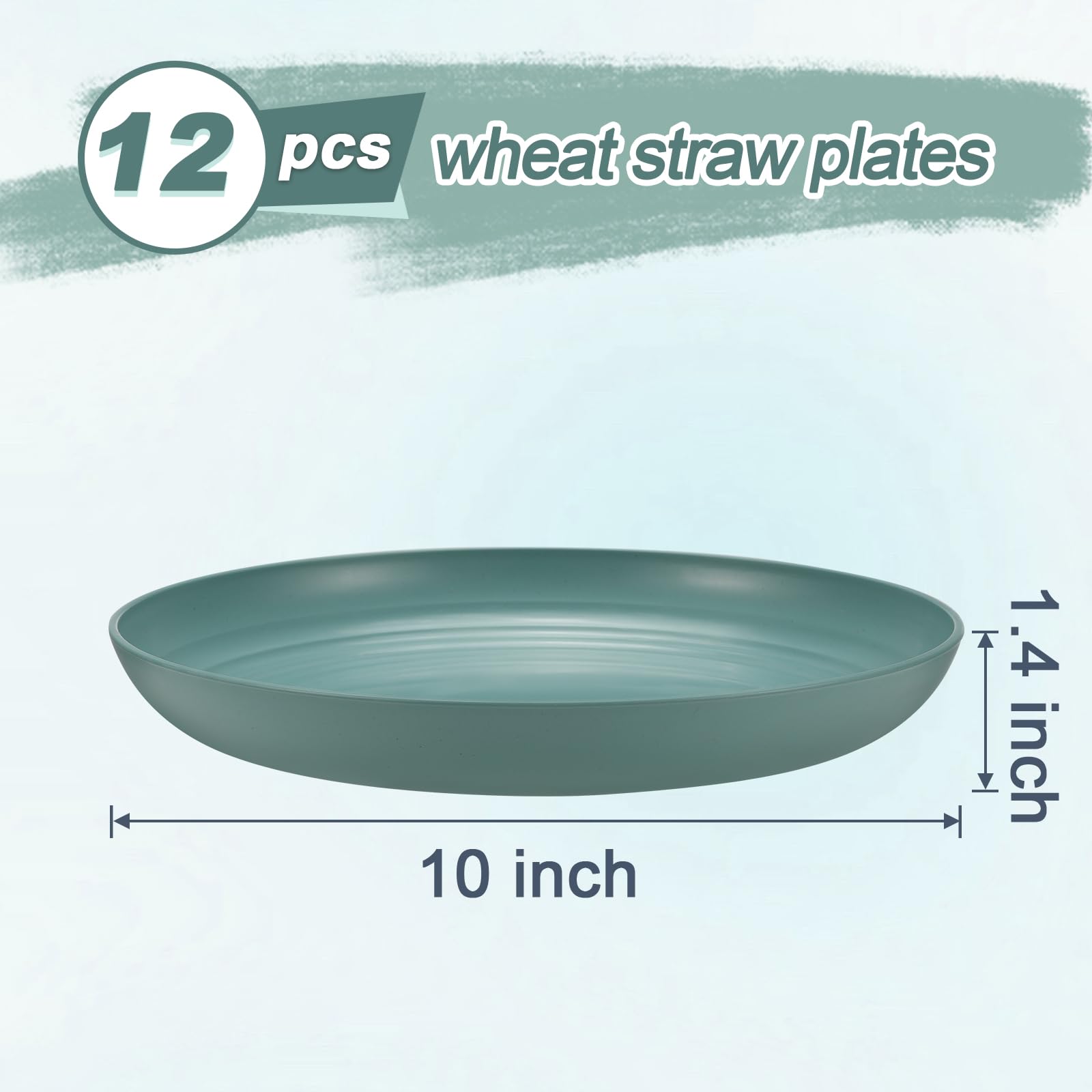 HEYCOME 12 Pcs Unbreakable Deep Dinner Plates Set, 10 inch Reusable Plastic Wheat Straw Plates, Microwave and Dishwasher Safe Plate for Kitchen, Lightweight Plate for Dessert, BPA Free, Dark Green