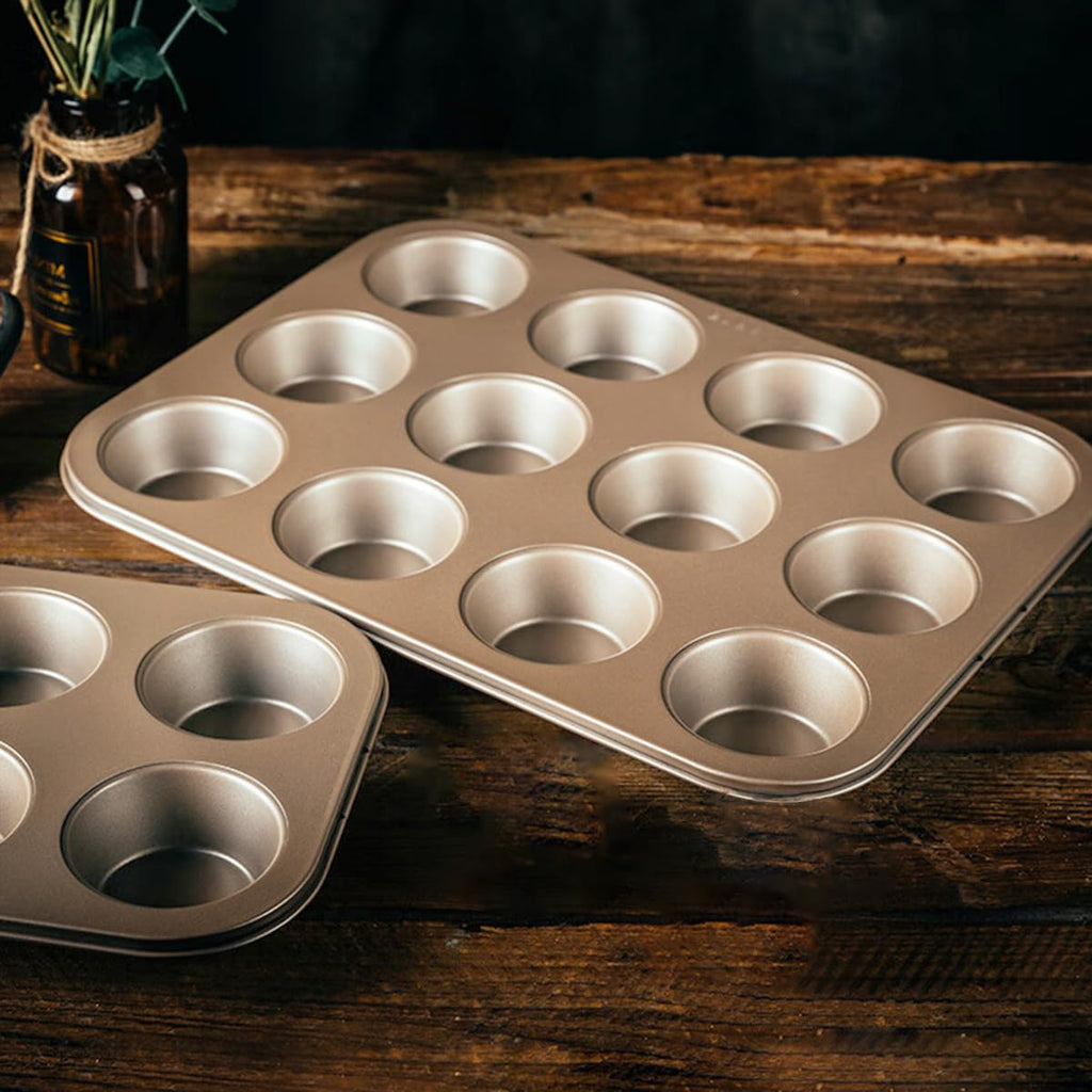 YUNYDSM 2 Pack Muffin Pan for Baking, Standard Nonstick Cupcake Baking Pan Set, 12 Cup Golden Muffin Pan, Cupcake Pans for Baking, Carbon Steel Baking Supplies