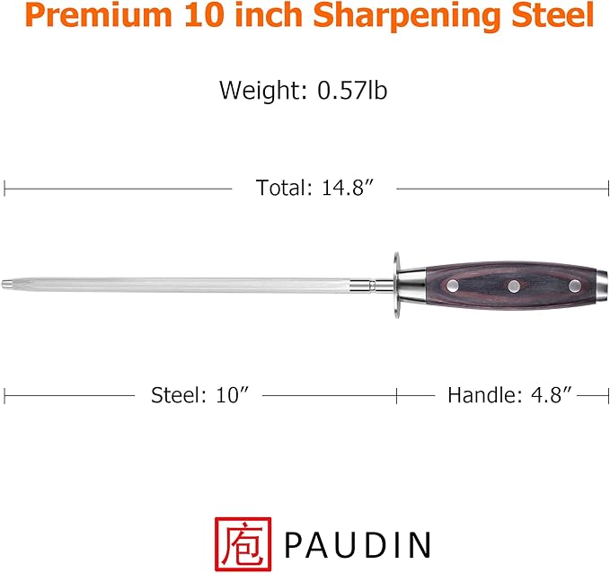 PAUDIN Honing Rod, Knife Sharpener Rod 10 inch, Professional Kitchen Knife Sharpener, High Carbon Knife Sharpening Steel with Ergonomic Pakkawood Handle, Honing Steel for All Chef Knives