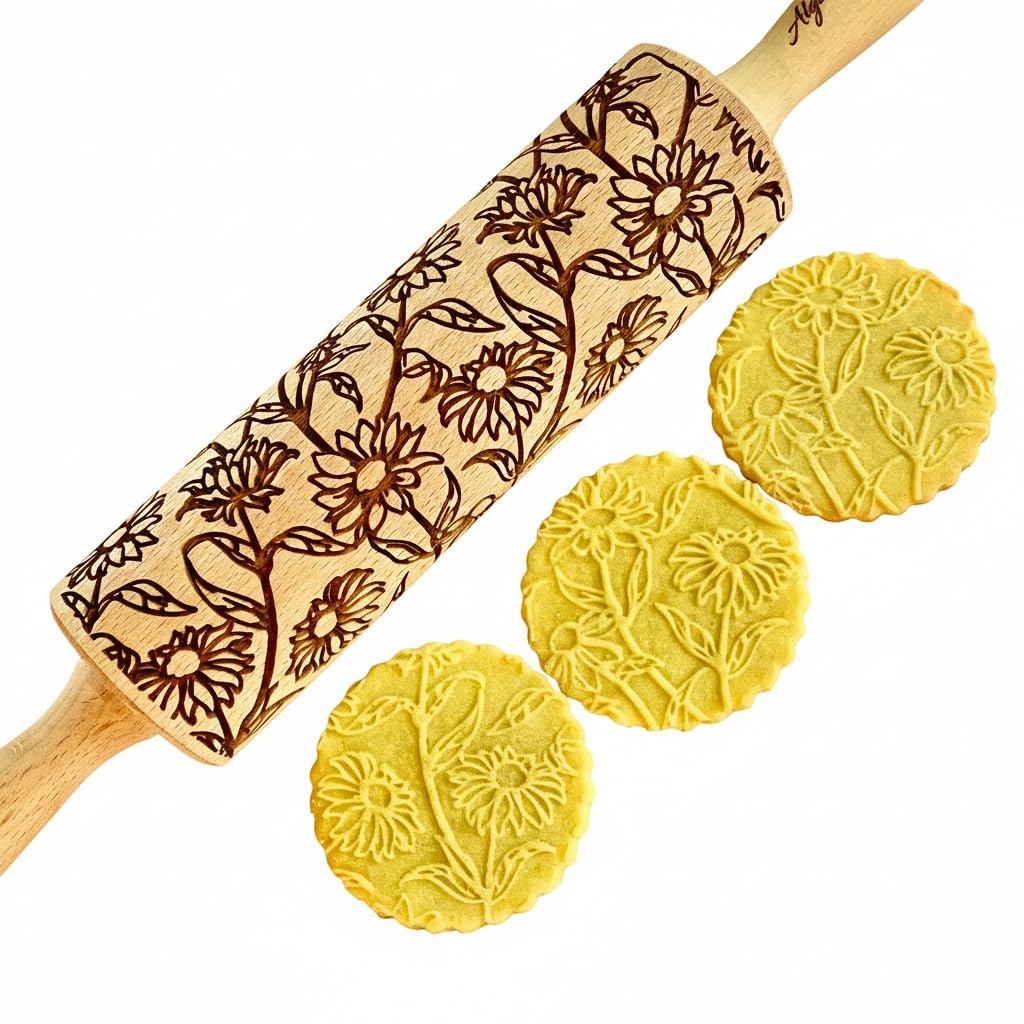 GOLDEN DAISIES Embossing Rolling Pin with Ornamental Bloom Pattern – Dough and Clay Roller for Embossed Cookies and Pottery - Cookie and Ceramic Stamp - Baking Gifts for Women by Algis Crafts