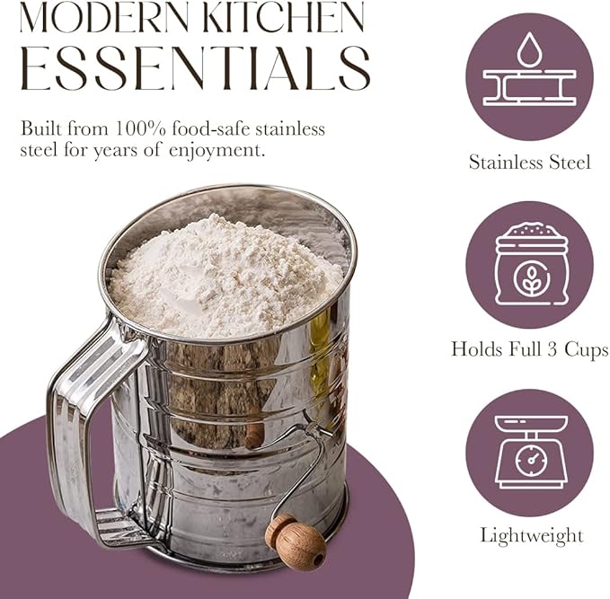 Bellemain Stainless Steel Flour Sifter for Baking with Hand Crank - 3 Cup