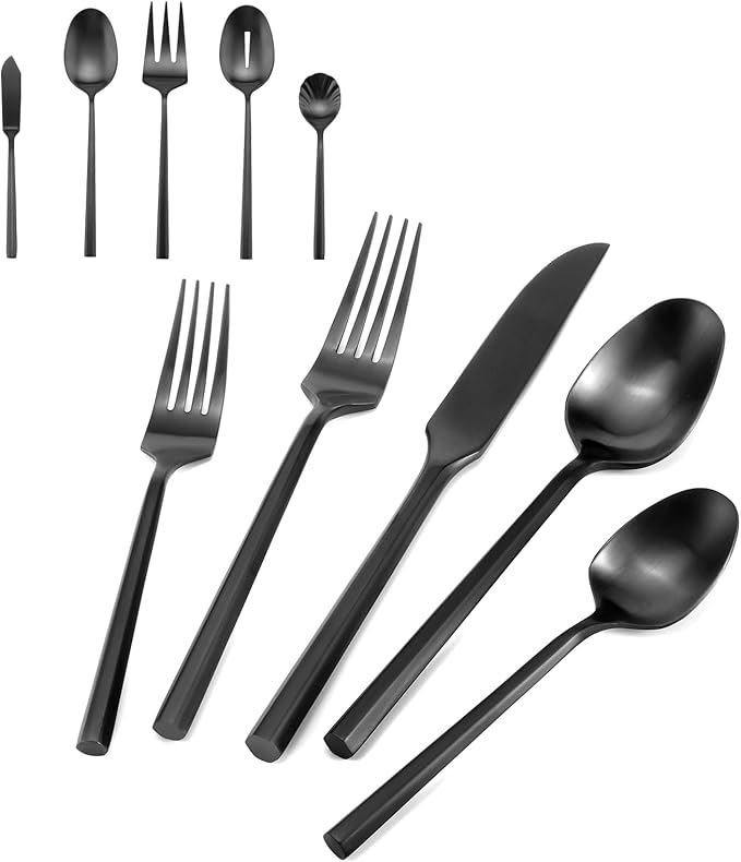 DEACORY Black Silverware with Serving Utensil Hexagon Handle Service for 8