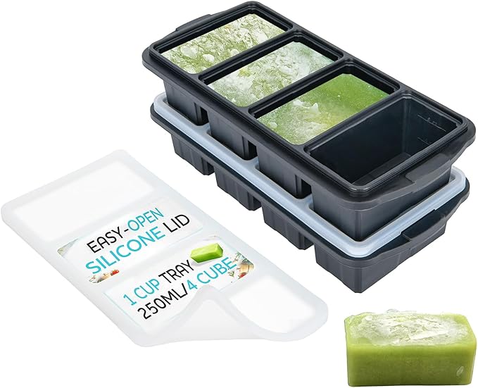 XOMOO Silicone Freezer Tray With Lid - Soup Freezer Container molds - Large Ice Cube Tray- makes 8 perfect 1 cup portions cubes, 2-Pack Freezer Storage Food Soups & Meal Prep - Oven & Dishwasher -Safe