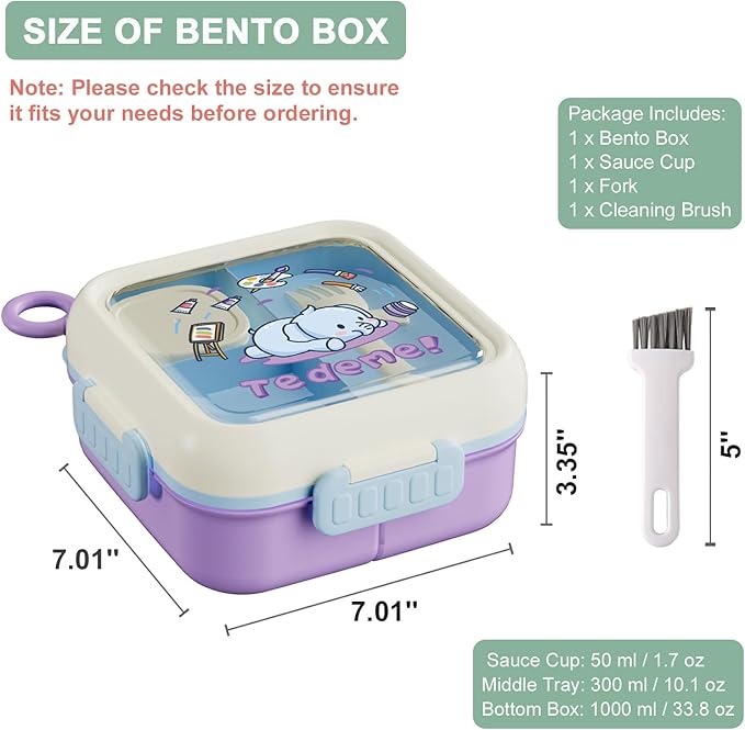 SAYAPE Bento Box for Kids Adults – Cute Cartoon 2-Layer Lunch Box with Fork, Sauce Cup & Brush, BPA-Free, 3-Compartment Square Snack Container with Handle for School, Office, or Travel (Purple)