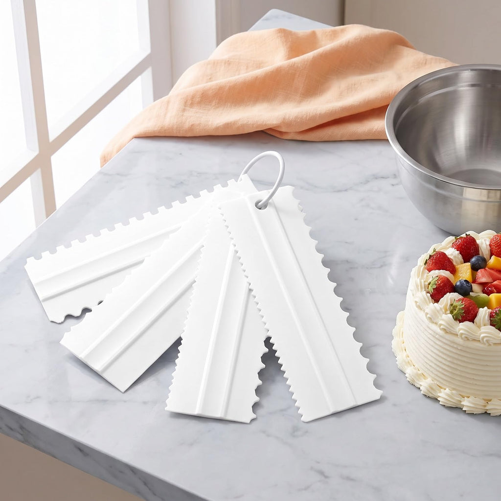 EKIND Cake Scraper Set Double Sided Icing Smoother Long Edge Buttercream Spatula Comb for Decorating Mousse Pastry Tools Baking Supplies(4 Pcs White)