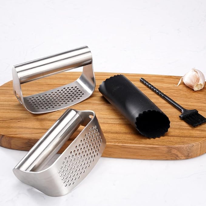 Koonafy Stainless Steel Garlic Presser, Upgraded Garlic Press Rocker Garlic Mincer Garlic Crusher with Peeler and Cleaning Brush, Garlic Chopper for Smash Garlic Kitchen Gadgets Tools, handhold
