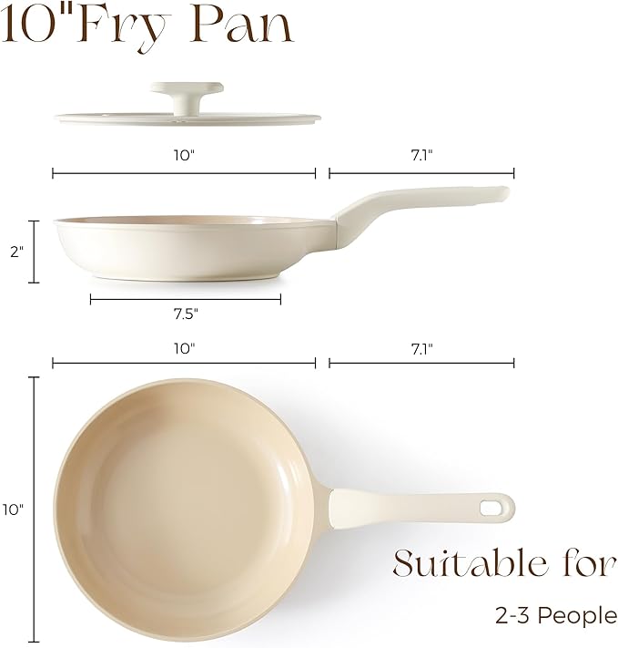 PRICUSIS Nonstick Ceramic Frying Pan with Lid, 8/10 Inch Skillet with Stay Cool Handle, Fully Coated, 100% Dishwasher Safe, PTFE PFAS & PFOA Free (10 Inch, Coconut White