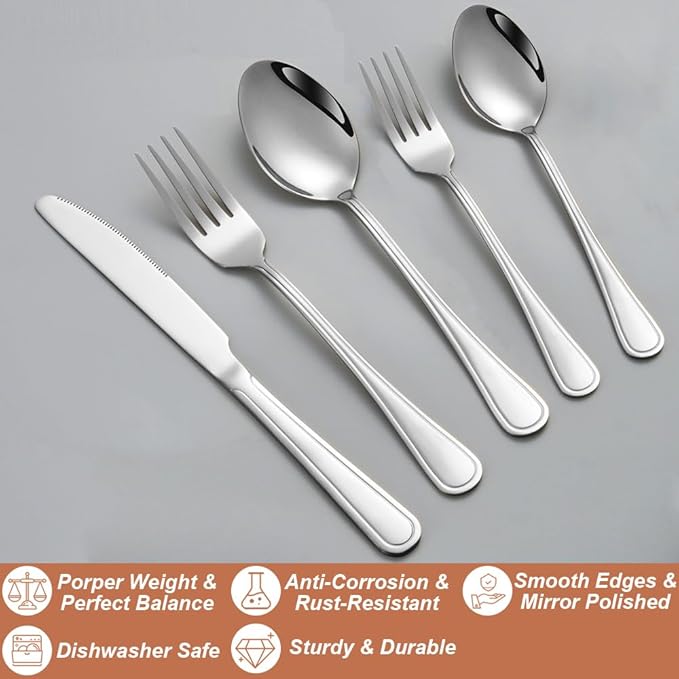 40 Pcs Silverware Set for 8, Food Grade Stainless Steel Flatware Set, Eating Utensils Sets Include Fork/Knife/Spoon, Reusable Cutlery Set for Home Kitchen, Dishwasher Safe, Double-stripe