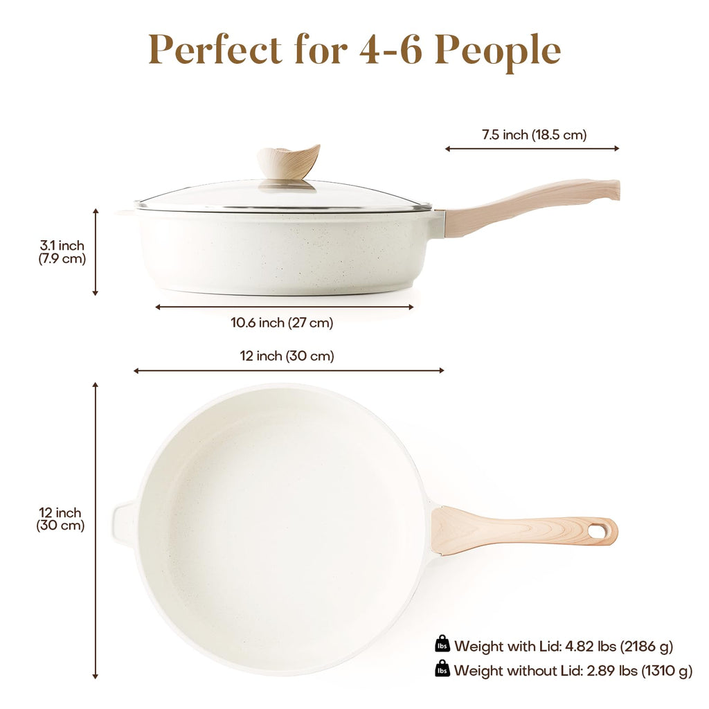 Kordisen Nonstick Ceramic Deep Frying Pan, 12 Inch Non Toxic Large Skillet with Lid, 5 Qt Healthy Jumbo Cooker, Saute Pan for Cooking, Induction Cookware, PFOA & PFAS Free (Cream)