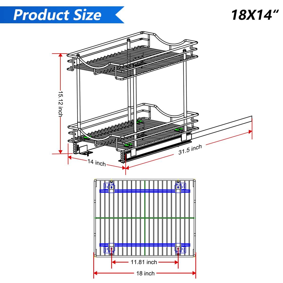 FULGENTE Chrome Finish Pull Out Drawer Cabinet Organizer 2 Tier (14" W X 18" D) Sliding Drawers For Kitchen Cabinets Cookware Organizer Drawer For Cabinet Slide Out Shelves