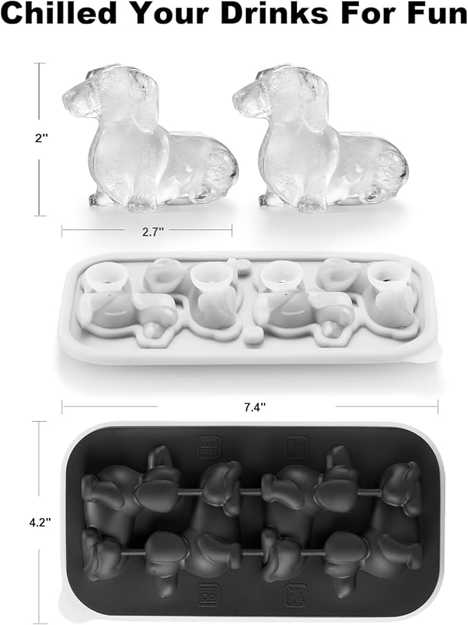 ACOOKEE 3D Dachshund Dog Ice Cube Mold, 4 Hole Fun Shapes Large Dachshund Dog Ice Cube Tray for Whiskey,Cocktail,Bourbon, Cute Novelty Dachshund Gifts for Women, BPA Free