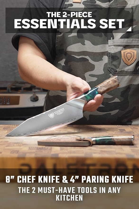 Dalstrong Valhalla 2-Piece Knife Set — 8" Chef + 3.5" Paring — 9CR18MOV HC Steel (8–12° Edge), Unique Wood + Resin Handles — For Apartment Kitchens, Gifts & First Serious Sets
