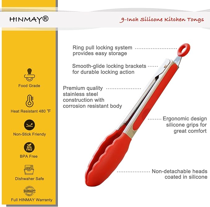 HINMAY 9" Kitchen Tongs with Silicone tips, Set of 3 (Red Blue Green)