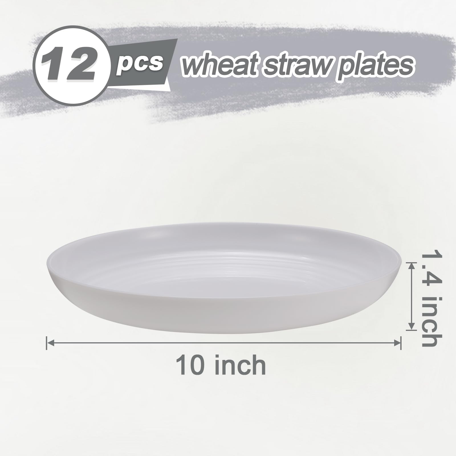 HEYCOME 12 Pcs Unbreakable Deep Dinner Plates Set, 10 inch Reusable Plastic Wheat Straw Plates, Microwave and Dishwasher Safe Plate for Kitchen, Lightweight Plate for Dessert, BPA Free, White