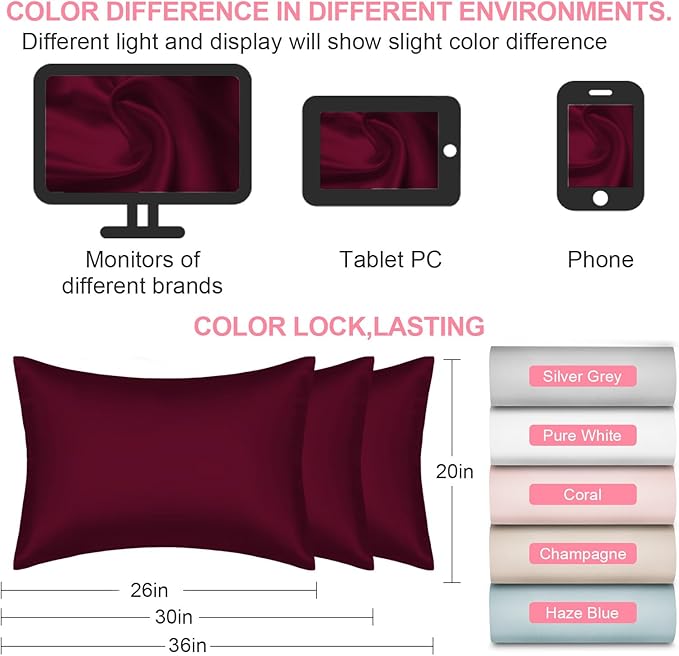 Silk Pillow Cases Queen Size with Hidden Zipper, Mulberry Silk Pillowcase for Hair and Skin, Smooth and Soft Breathable Cooling Silk Satin Pillow Covers for Sleeping, Gifts for Women, Burgundy Red