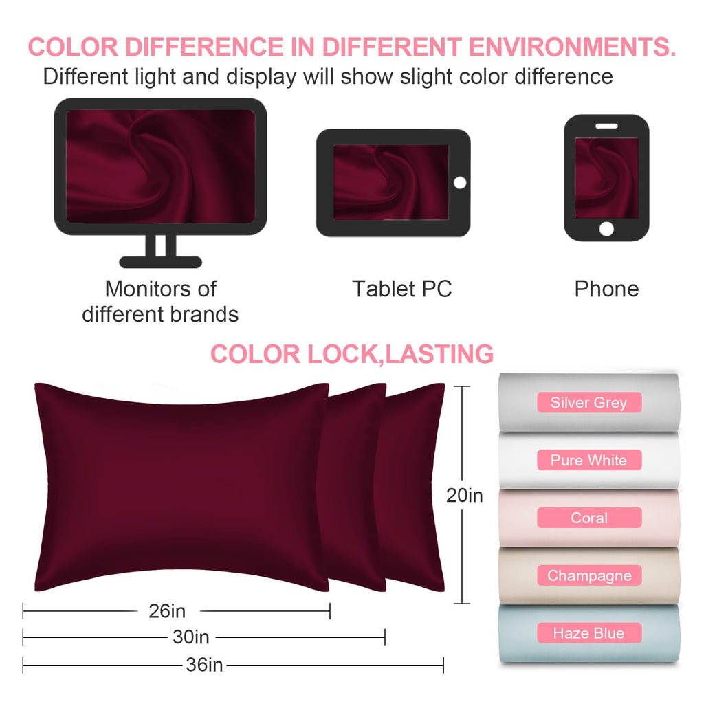Silk Pillow Cases 2 Pack Standard Size with Hidden Zipper, Mulberry Silk Pillowcase for Hair and Skin, Smooth and Soft Breathable Cooling Silk Satin Pillowcase Set of 2, Gifts for Women，Burgundy Red