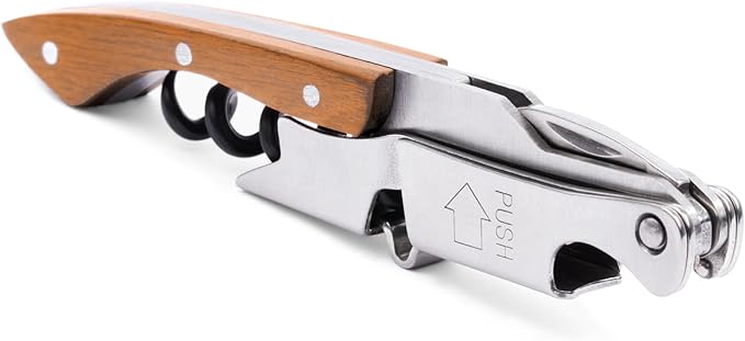 Pocket Prestige Waiters Corkscrew By Coutale Sommelier - Naturalwood - French Patented Spring-Loaded Double Lever Wine Bottle Opener for Bartenders and Gifts - Sharp Micro-Serrated Knife