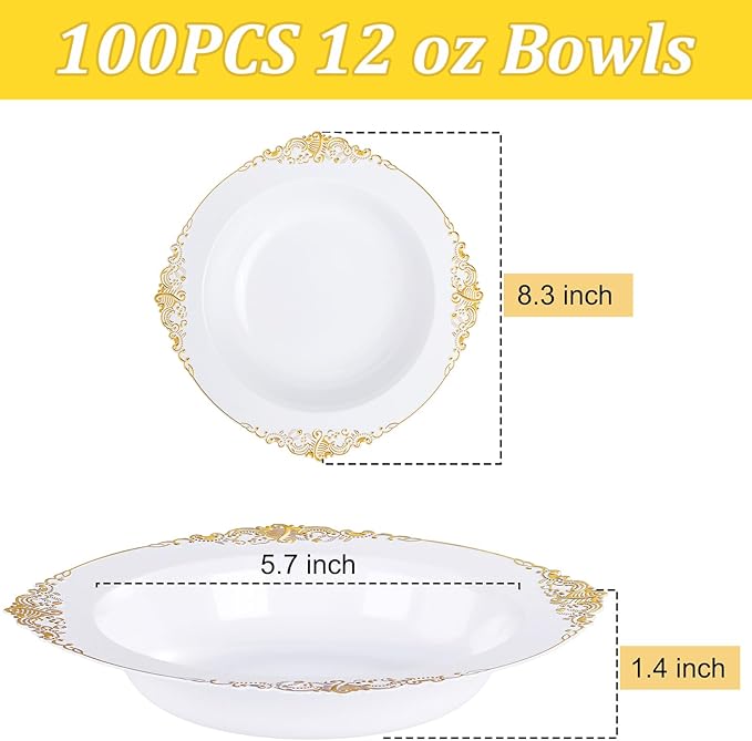 Joyido 100PCS Gold Plastic Bowls - 12 oz White Disposable Salad Bowls - Heavy Duty Soup Serving Bowl - Fancy Plastic Ice Cream Bowl for Parties, Dinners, Catering, Picnics