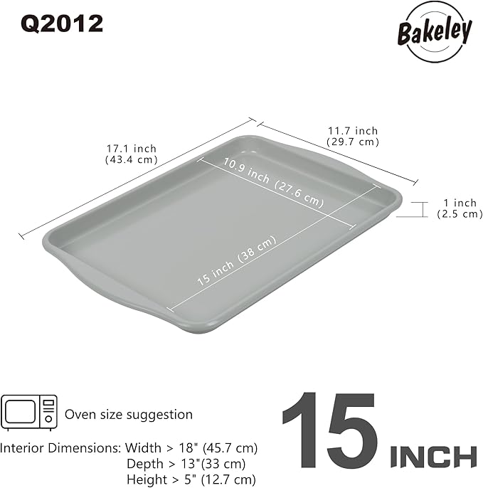 Bakeley 15-Inch Baking Sheet Pan, Non-Stick Jelly Roll Carbon Steel Naturally Slick Ceramic Coating Rimmed Cookie Sheet Pan for Oven Roasting Meat Bread - 15" x 10"