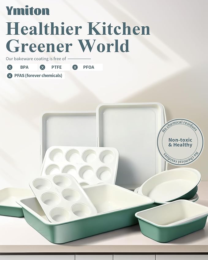 Ymiton Ceramic Nonstick Baking Pans Set, Non Toxic 33 PCS Stackable Bakeware Sets, 550°F Oven Safe Baking Sheet & Pans, Warp-Free, Dishwasher Safe, PTFE/PFOA/PFOS-Free (Green)