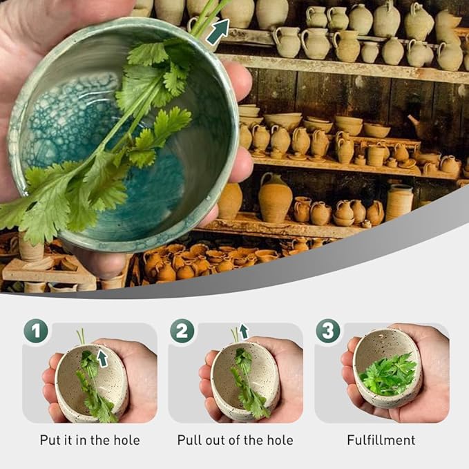 Pottery Herb Stripper Bowl, Upgrade Pottery Herb Stripper Cup Ceramic Herb Peeling Cup, Handmade Different Round Hole Sizes Suitable for Peeling Off The Leafy Assembly (B)