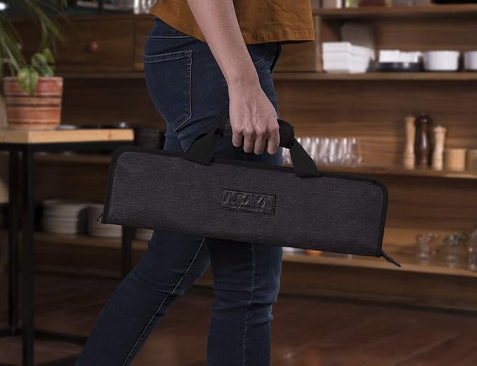 Asaya Chef Knife Roll Bag - 12-Pocket Chefs Case for Kitchen Knives and Utensils, Lightweight Stain-Resistant Waxed Nylon Chef Knife Bag - Knives Not Included (Black)