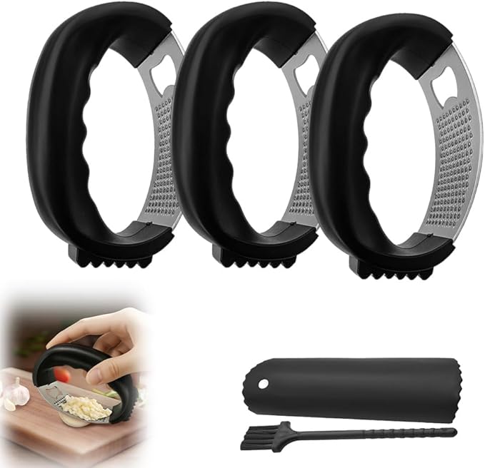Stainless Steel Garlic Press Rocker, 2025 New Garlic Mincer and Garlic Crusher, Easy-Squeeze Garlic Tool with Peeler and Cleaning Brush for Smashing Garlic (A2-3Pcs)