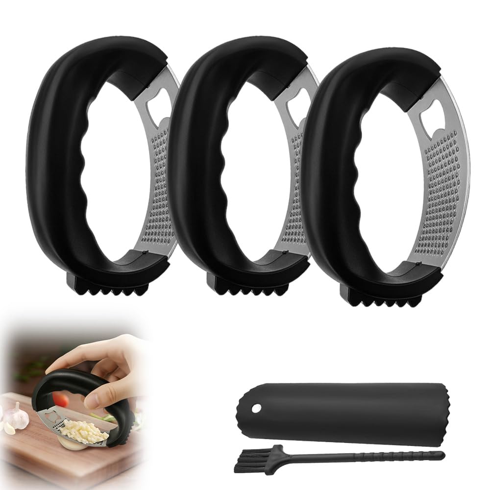 Stainless Steel Garlic Press Rocker, 2025 New Garlic Mincer and Garlic Crusher, Easy-Squeeze Garlic Tool with Peeler and Cleaning Brush for Smashing Garlic (A2-3Pcs)