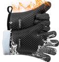 Loveuing Kitchen Oven Gloves - Dual-Layer Heat Resistant Grilling Gloves, Silicone Oven Mitts with 5 Fingers, Waterproof Non-Slip Pot Holder for Barbecue, Cooking, Baking (Black)