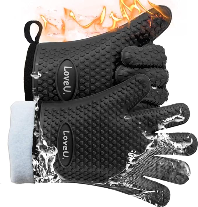 Loveuing Kitchen Oven Gloves - Dual-Layer Heat Resistant Grilling Gloves, Silicone Oven Mitts with 5 Fingers, Waterproof Non-Slip Pot Holder for Barbecue, Cooking, Baking (Black)
