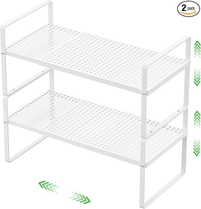 SOFRON Expandable Storage Shelf, Stackable Organizer Rack, White Large 2 PK