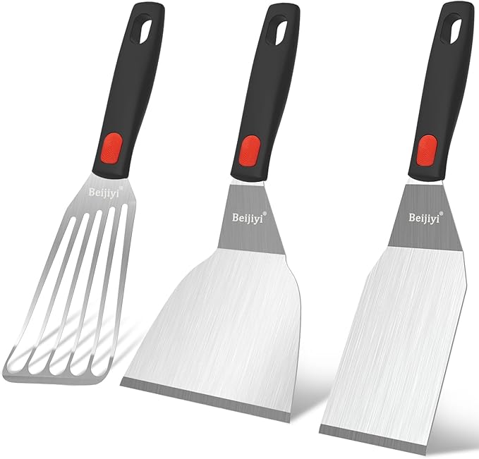 Beijiyi 3-Piece Metal Spatula for Cast Iron Skillet, Sturdy Stainless Steel