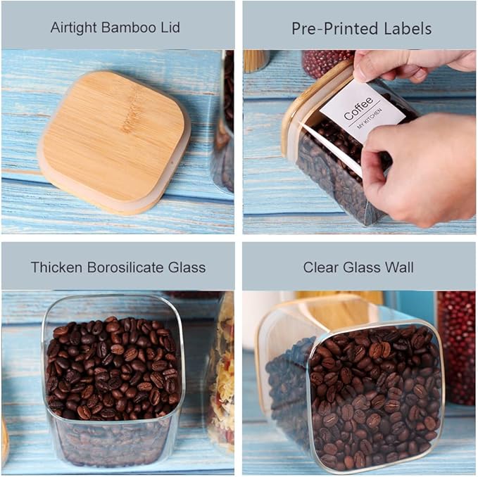 LEAVES AND TREES Y Glass Storage Canister with Wooden Lid, Set of 7 Square Glass Jars with Bamboo Lids, Glass Food Storage Containers for Pasta, Cereal, Flour, Sugar, Best for Kitchen & Pantry