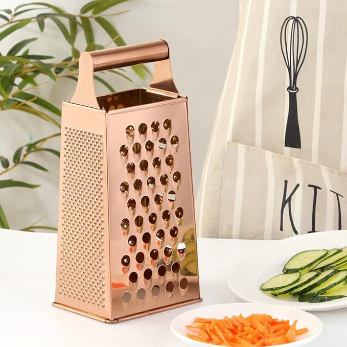 TEAHAHA 4 Sides Box Grater For Kitchen,Stainless Steel Cheese Grater With Handle,Multi-Function Vegetable Slicer Food Shredder For Chees,Ginger,Vegetables,Rose Gold