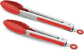 2 Pack Silicone Kitchen Tongs, 9 & 12 Inch, Stainless Steel, Red
