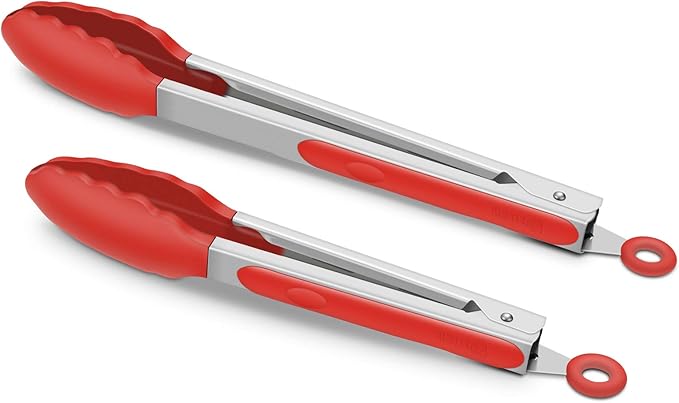 2 Pack Silicone Kitchen Tongs, 9 & 12 Inch, Stainless Steel, Red